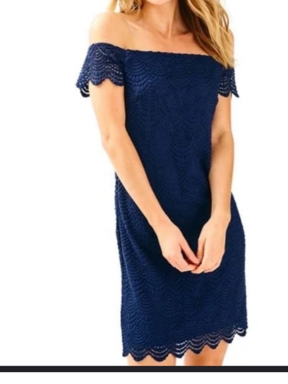 Lilly Pulitzer Navy Blue Off-The-Shoulder Lace Shift Dress Size Small